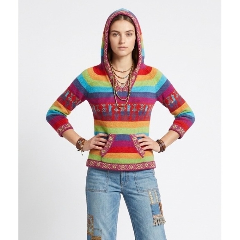 Alpaca Wool Knit Hoodie S Rainbow Stripe Peru Handmade Boho Hippie Dopamine